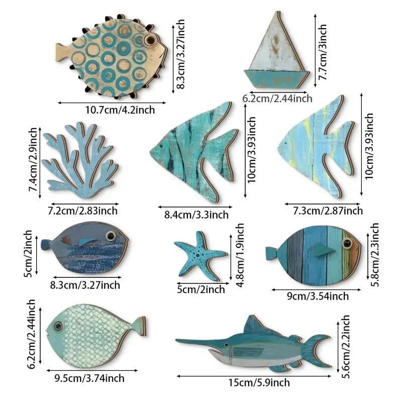 10pcs/set Fish Wall Decor Wooden Fish Hanging Beach Theme Bathroom Art Nautical Coastal Ocean Home Decoration