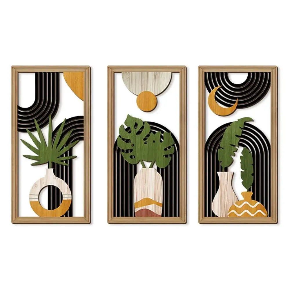 Modern Line Hollow Wooden Art Wall Decor Abstract Geometric Wall Sculptures Banana Leaves Bohemian Wall Art Decor