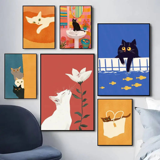 Colorful cute cat in the room Canvas Poster  Waterproof Coffee House Bar fashion Room Decor