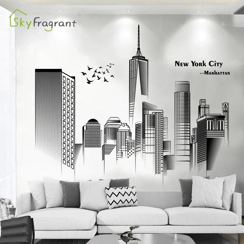 Manhattan Wall Sticker Creative Bedroom Decor Home Black And White Art Stickers Living Room Background Wall Decor Self-adhesive
