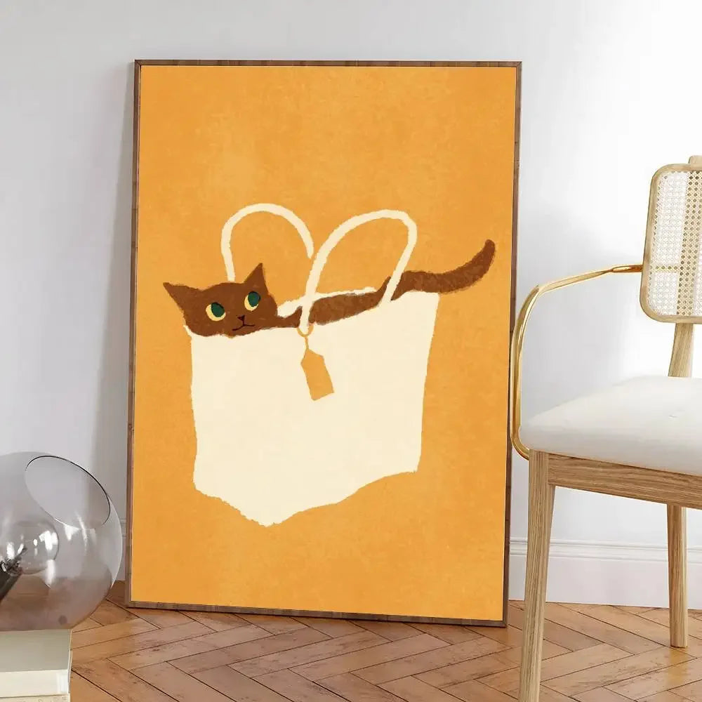 Colorful cute cat in the room Canvas Poster  Waterproof Coffee House Bar fashion Room Decor