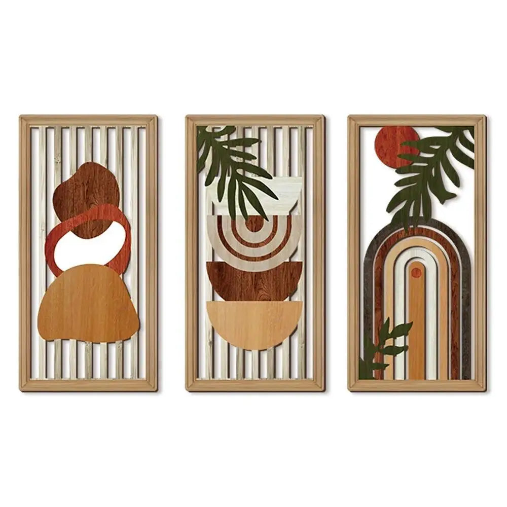 Modern Line Hollow Wooden Art Wall Decor Abstract Geometric Wall Sculptures Banana Leaves Bohemian Wall Art Decor