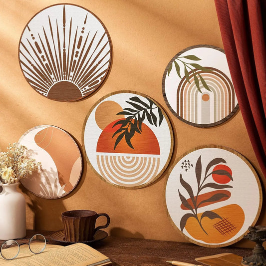 5Pcs 2D Flat Wall Art Wooden Living Room Wall Decor Bohemian Hanging Farmhouse Geometric Aesthetic Wood Minimalist Bedroom Gifts