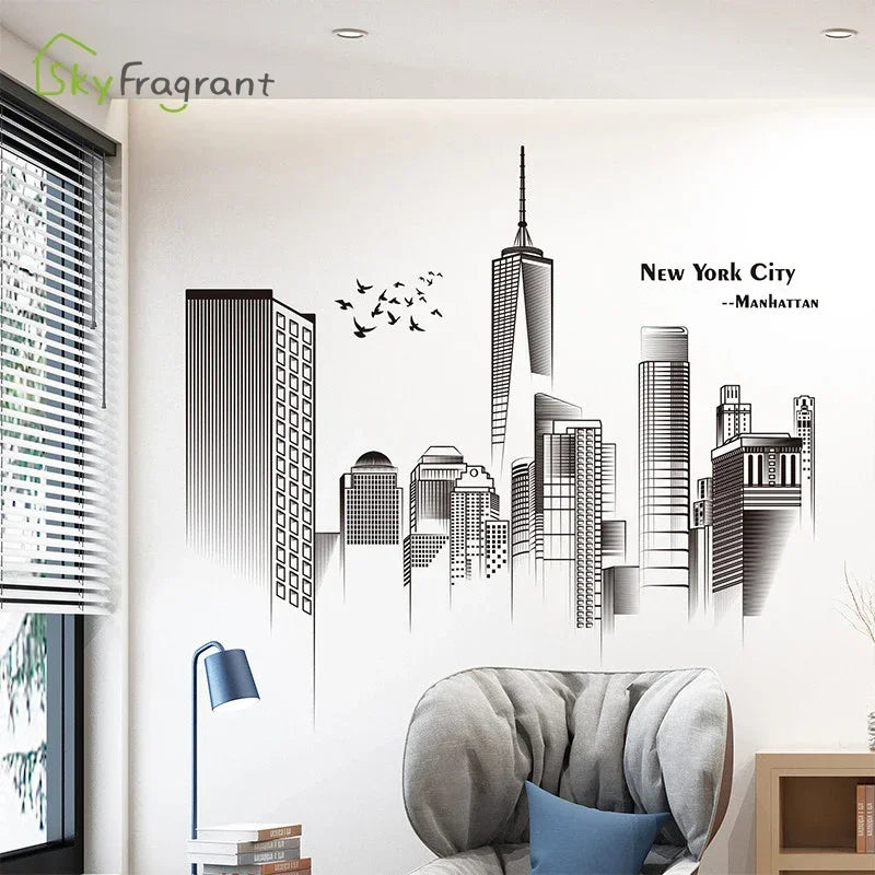 Manhattan Wall Sticker Creative Bedroom Decor Home Black And White Art Stickers Living Room Background Wall Decor Self-adhesive
