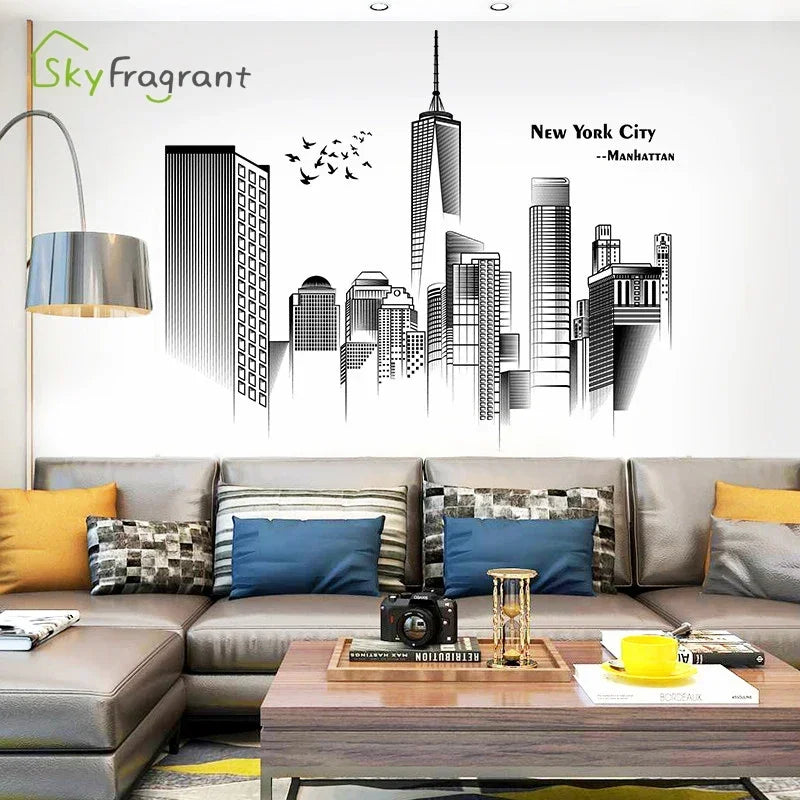 Manhattan Wall Sticker Creative Bedroom Decor Home Black And White Art Stickers Living Room Background Wall Decor Self-adhesive